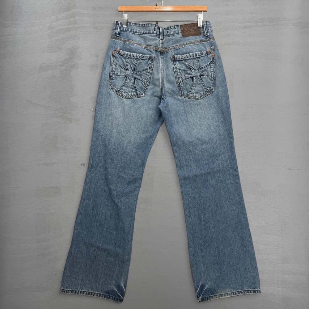 Y2K Marc Ecko Unltd. Boot Cut Baggy Jeans Blue Embroidered Cross Back Pocket 32